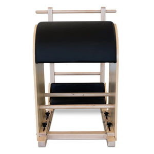 Comfortable upholstered barrel surface on the Maple Timber Ladder Barrel, designed to support the spine during advanced Pilates repertoire.maple-barrel-high-density-foam-top.