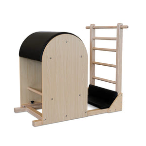 The Timber Ladder Barrel by Oshun Studios in solid Maple. A professional-grade Pilates barrel with a light wood finish.