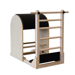 The Timber Ladder Barrel by Oshun Studios in solid Maple. A professional-grade Pilates barrel with a light wood finish.