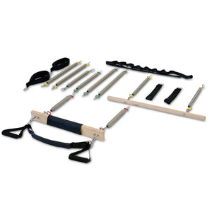 Pilates reformer machine components on a white background