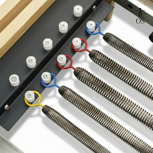Close-up of the commercial spring system showing color-coded resistance springs (Red, Blue, Yellow) for precise tension control