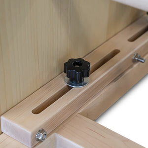 Secure locking knobs on the sliding base of the Maple Timber Ladder Barrel for precise size adjustments.
