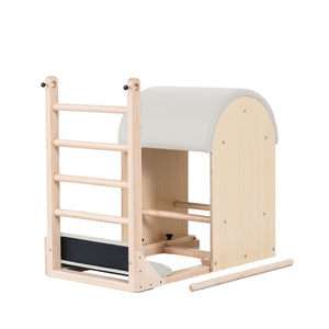 The Timber Ladder Barrel by Oshun Studios in solid Maple. A professional-grade Pilates barrel with a light wood finish.