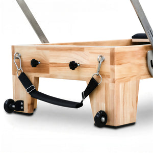 Built-in transport wheels on the base of the Oak Timber Reformer, allowing for easy movement and storage in home or studio spaces.