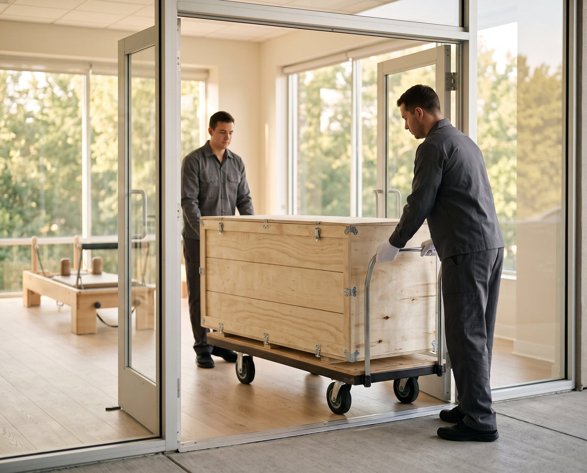 Two movers wheeling a crated reformer into a bright room