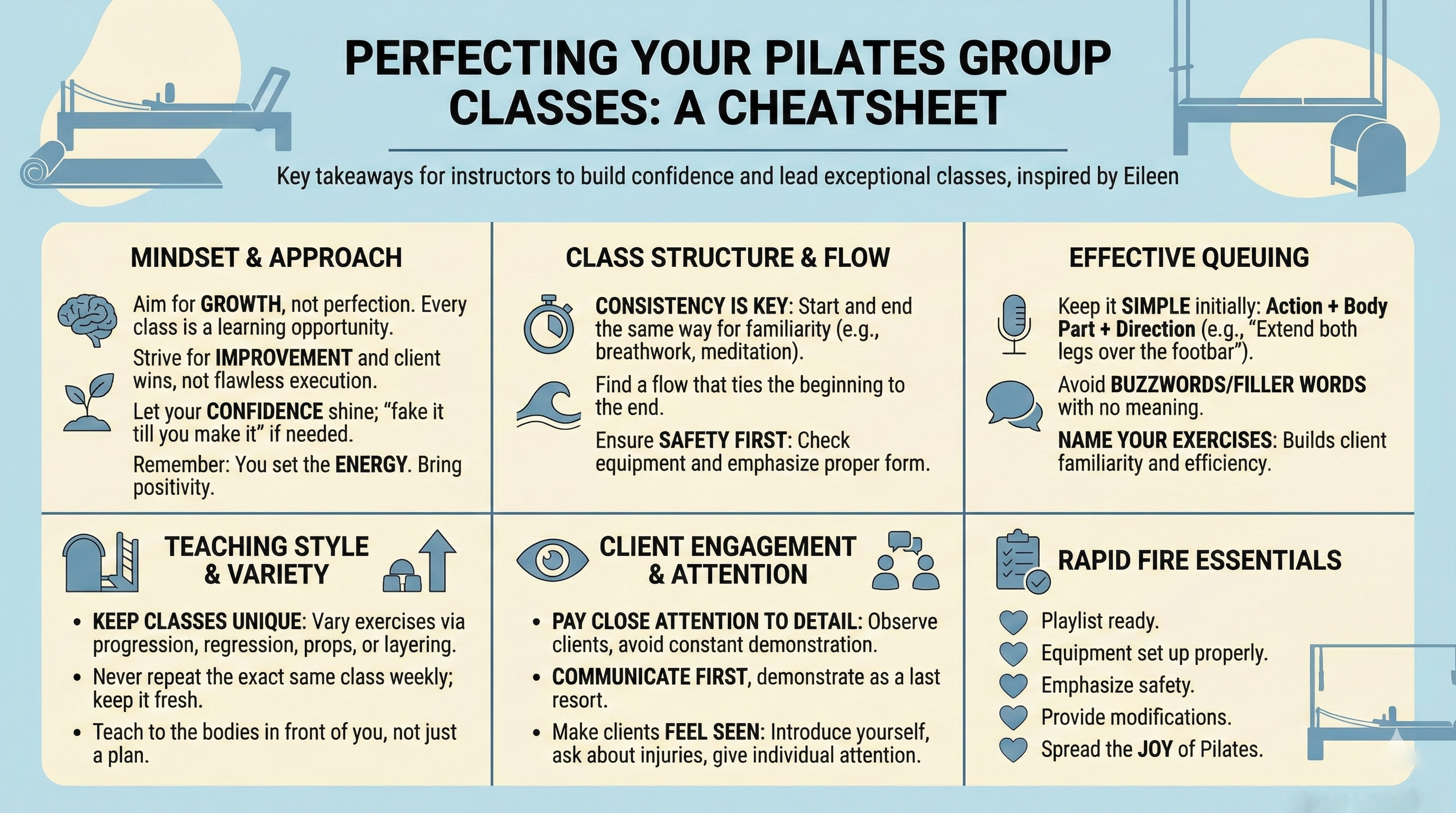 Infographic titled 'Perfecting Your Pilates Group Classes: A Cheatsheet' with various tips and strategies.
