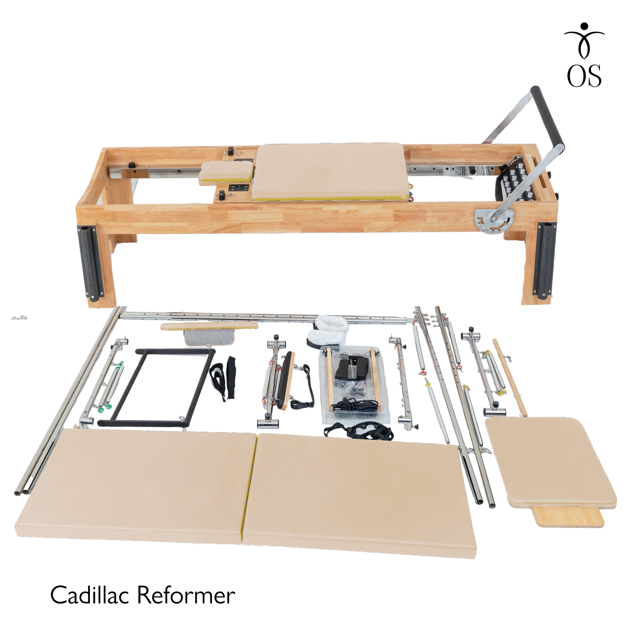 Pilates Cadillac Reformer with components on a white background