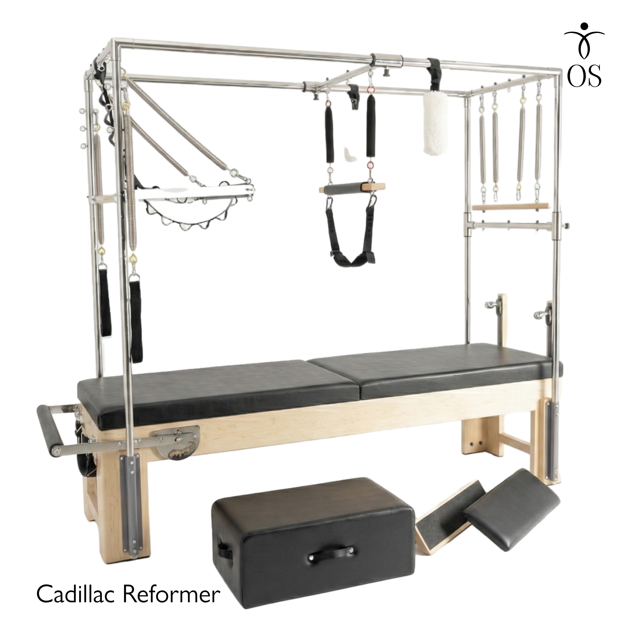 Pilates Cadillac Reformer with attachments on a white background