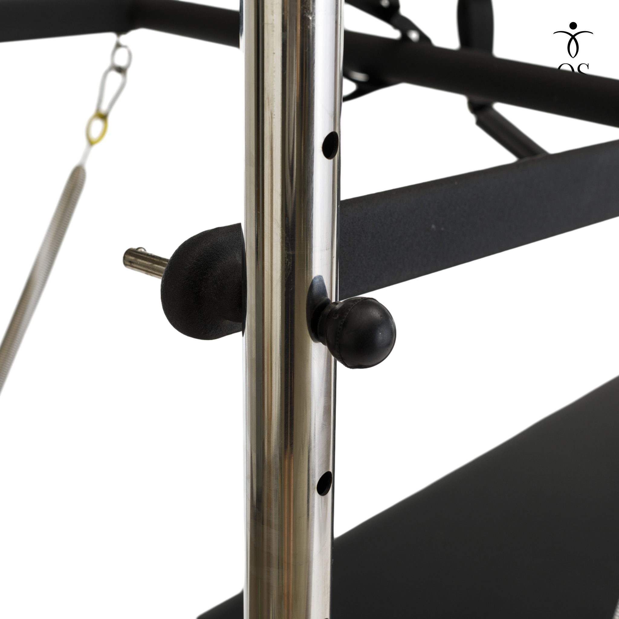 Close-up of the adjustable sliding cross bar mechanism on the Timber Cadillac Tower, featuring a quick-release locking pin for precise spring height customization.