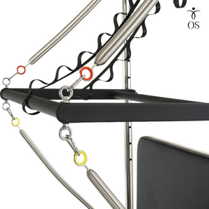 Heavy-duty nylon safety strap (daisy chain) with multiple loops attached to the Cadillac frame to limit bar range of motion and ensure client safety.