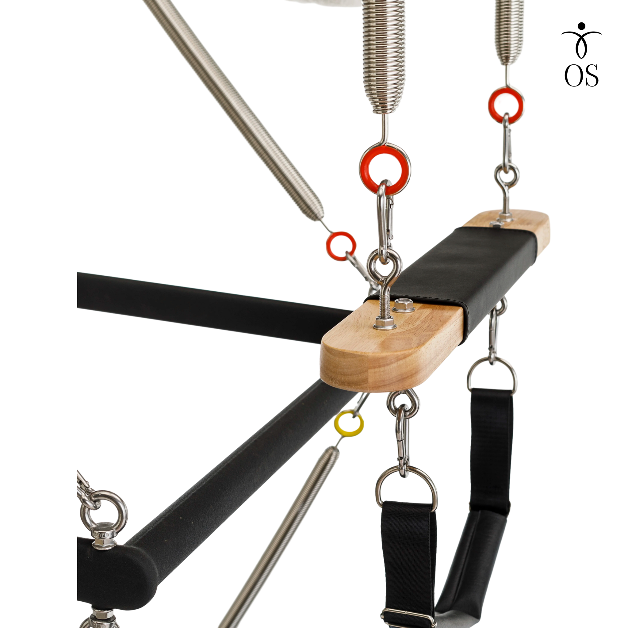 Wooden push-through bar on the Timber Cadillac Tower featuring a padded leather center grip and heavy-duty spring carabiner attachments.