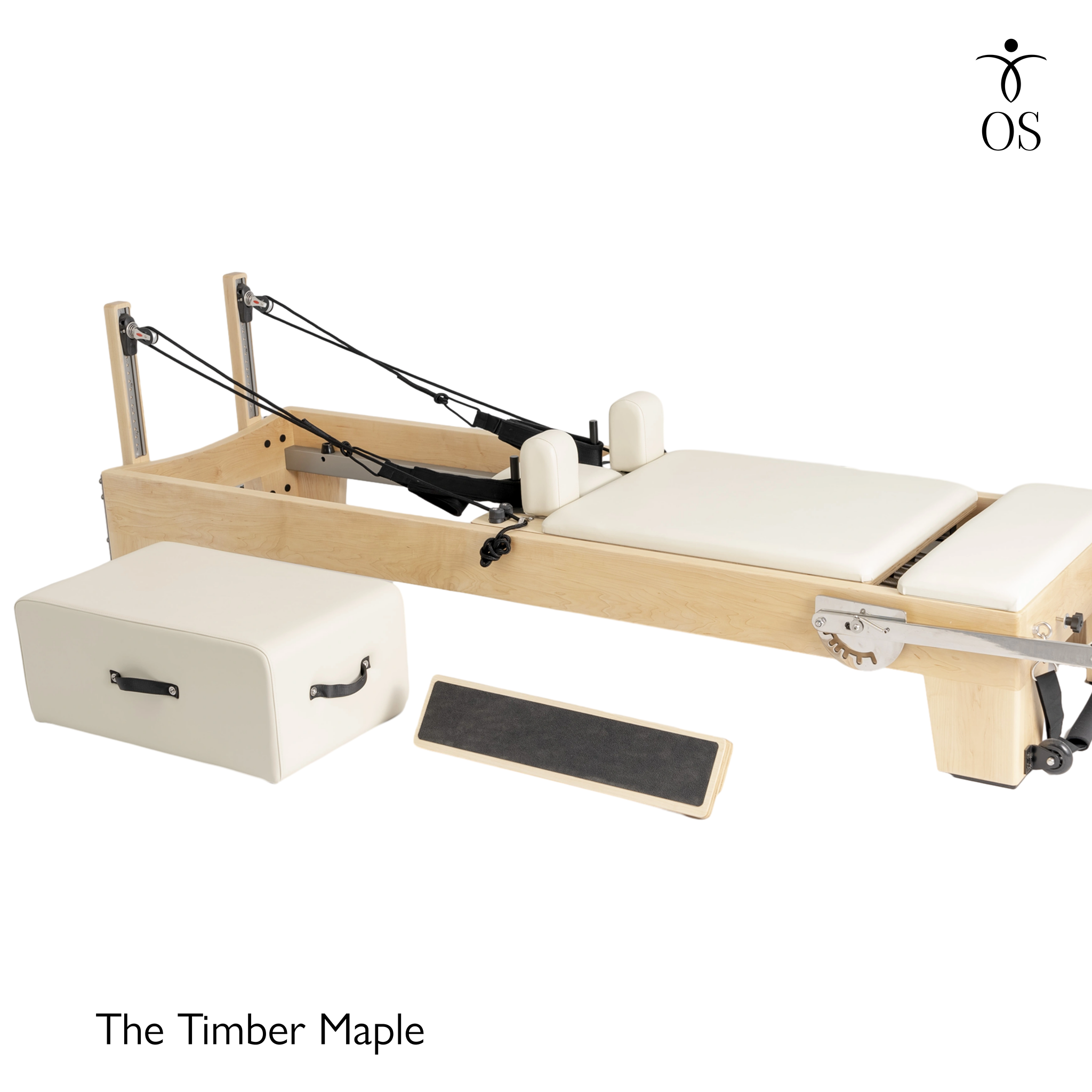 Wooden reformer with white cushions and accessories on a white background, featuring the OS brand logo.