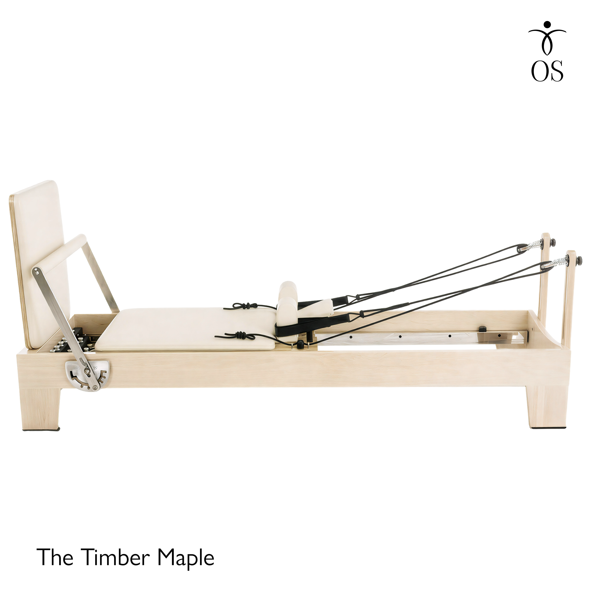 Side view of The Timber Reformer by Oshun Studios featuring a solid light Maple wood frame and custom upholstery.