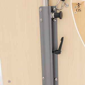 Close-up of the secure locking lever and height adjustment track for the handles on the Maple Timber Chair.