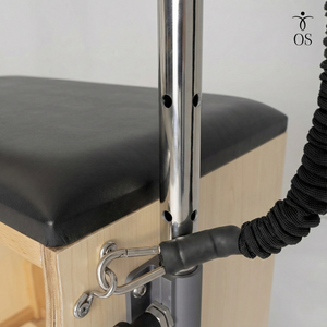 Chrome height-adjustable handle post and bungee resistance band anchor point on the Maple Timber Chair.