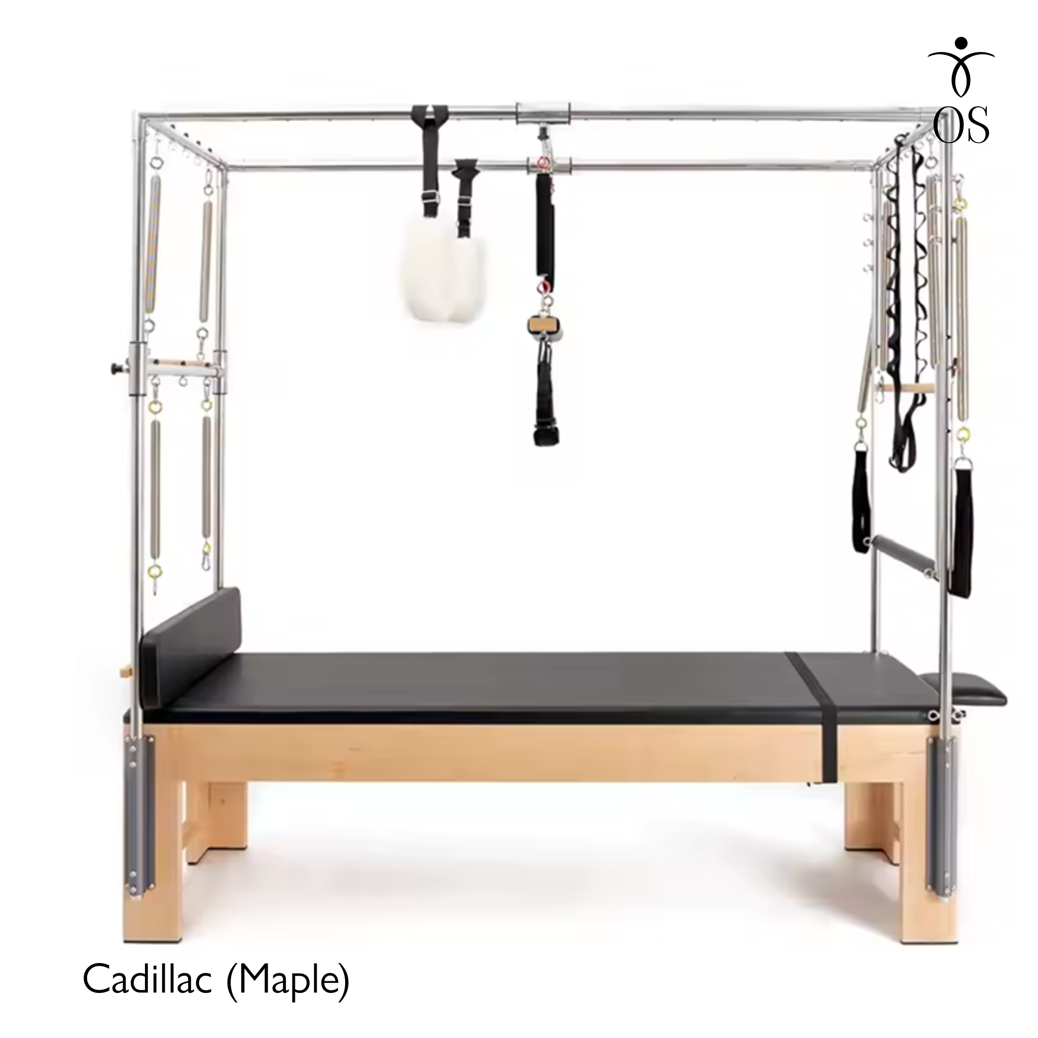 The Timber Cadillac in solid Maple. A professional Pilates Trapeze Table with a light wood finish and stainless steel tower.