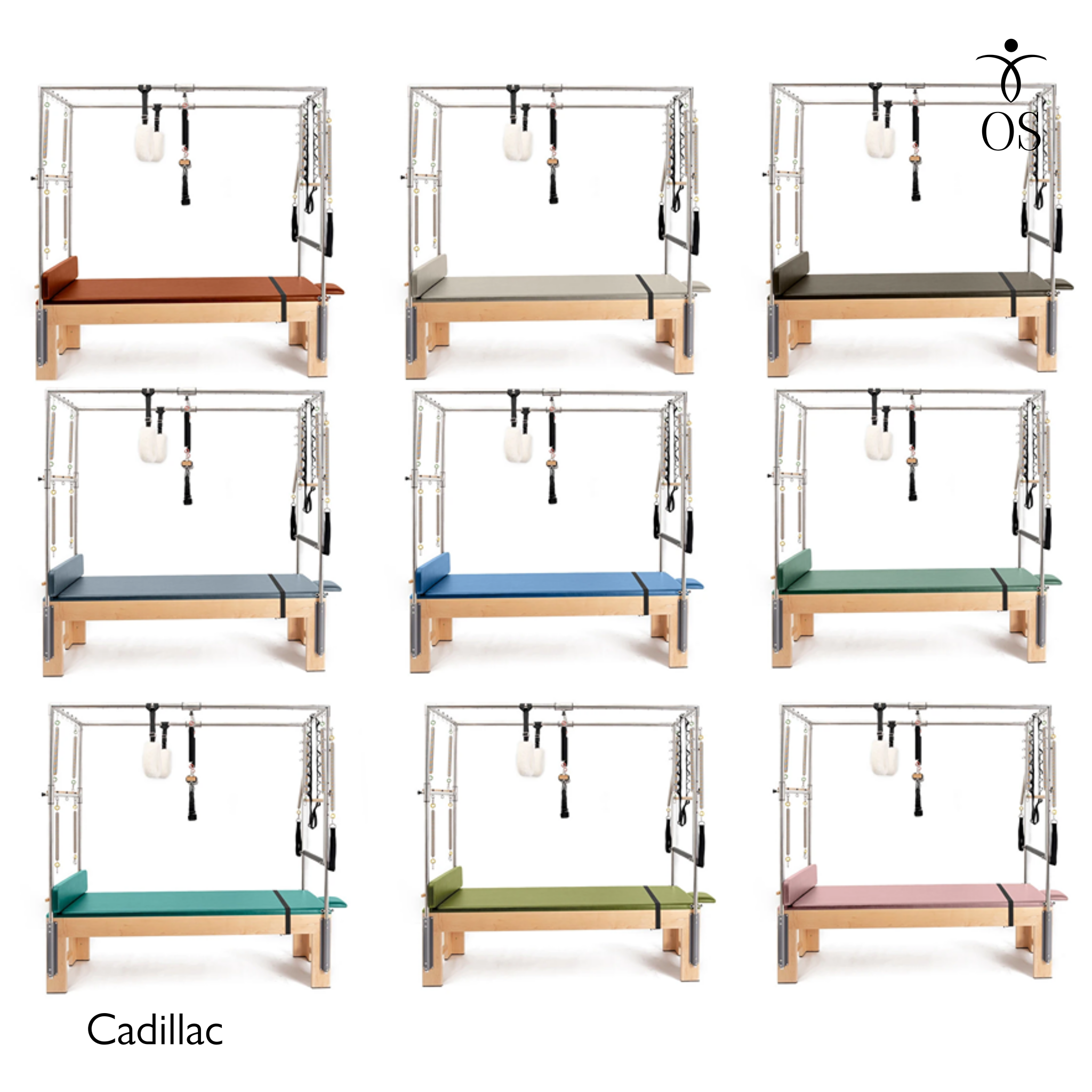 The Timber Cadillac in solid Maple. A professional Pilates Trapeze Table with a light wood finish and stainless steel tower.