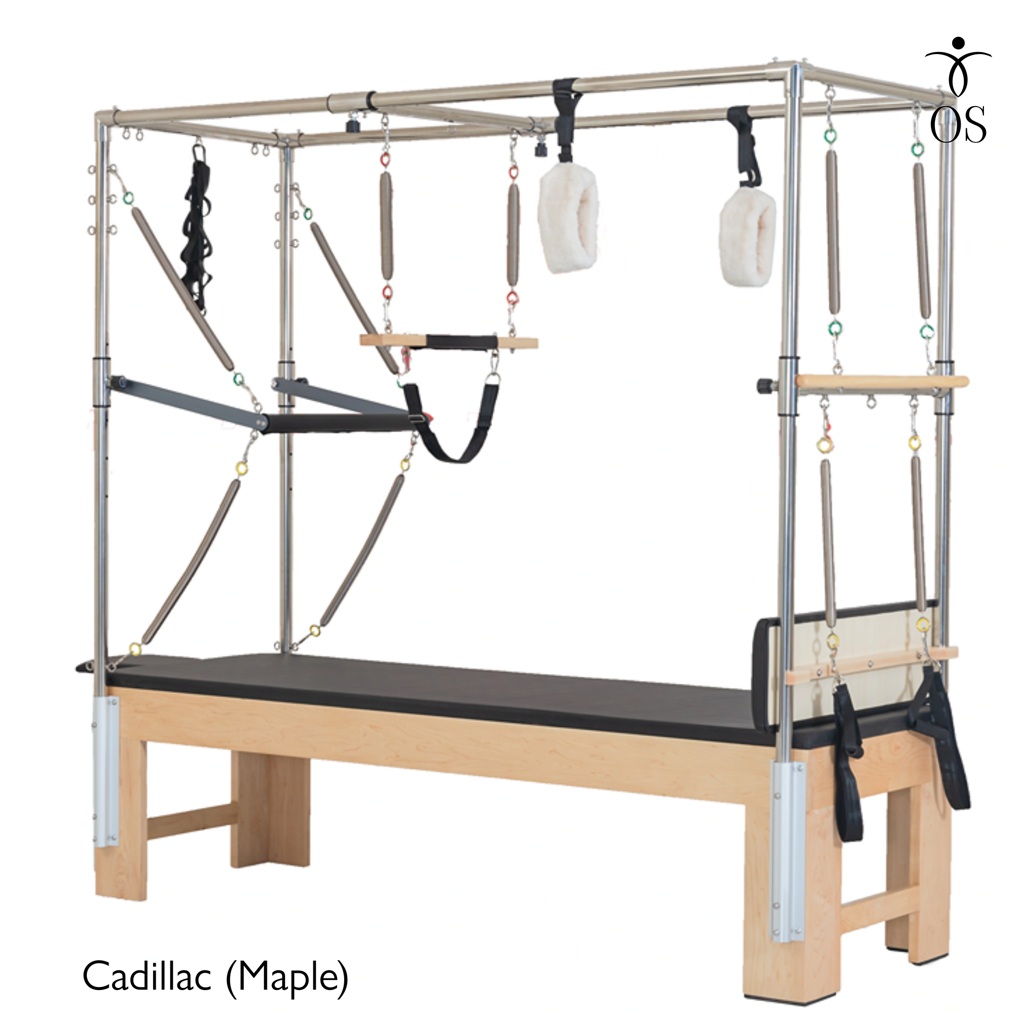 The Timber Cadillac in solid Maple. A professional Pilates Trapeze Table with a light wood finish and stainless steel tower.