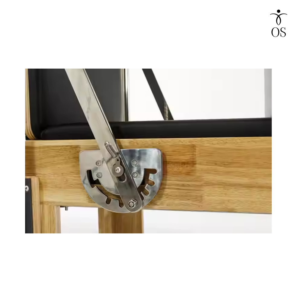 Wooden chair with metal bracket on a white background, featuring the OS logo.