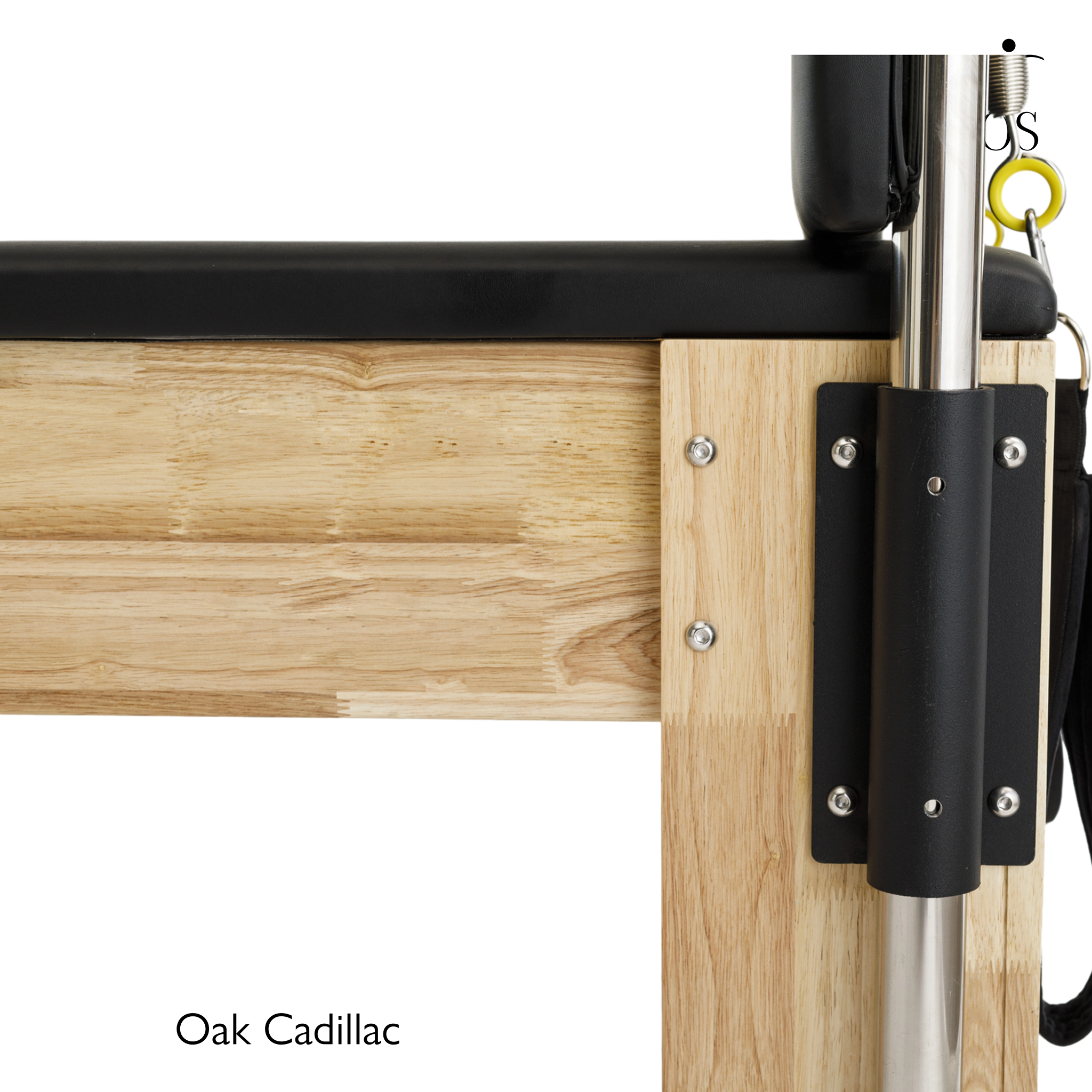 Close-up of the heavy-duty black mounting bracket connecting the stainless steel tower to the solid Oak frame of the Timber Cadillac.