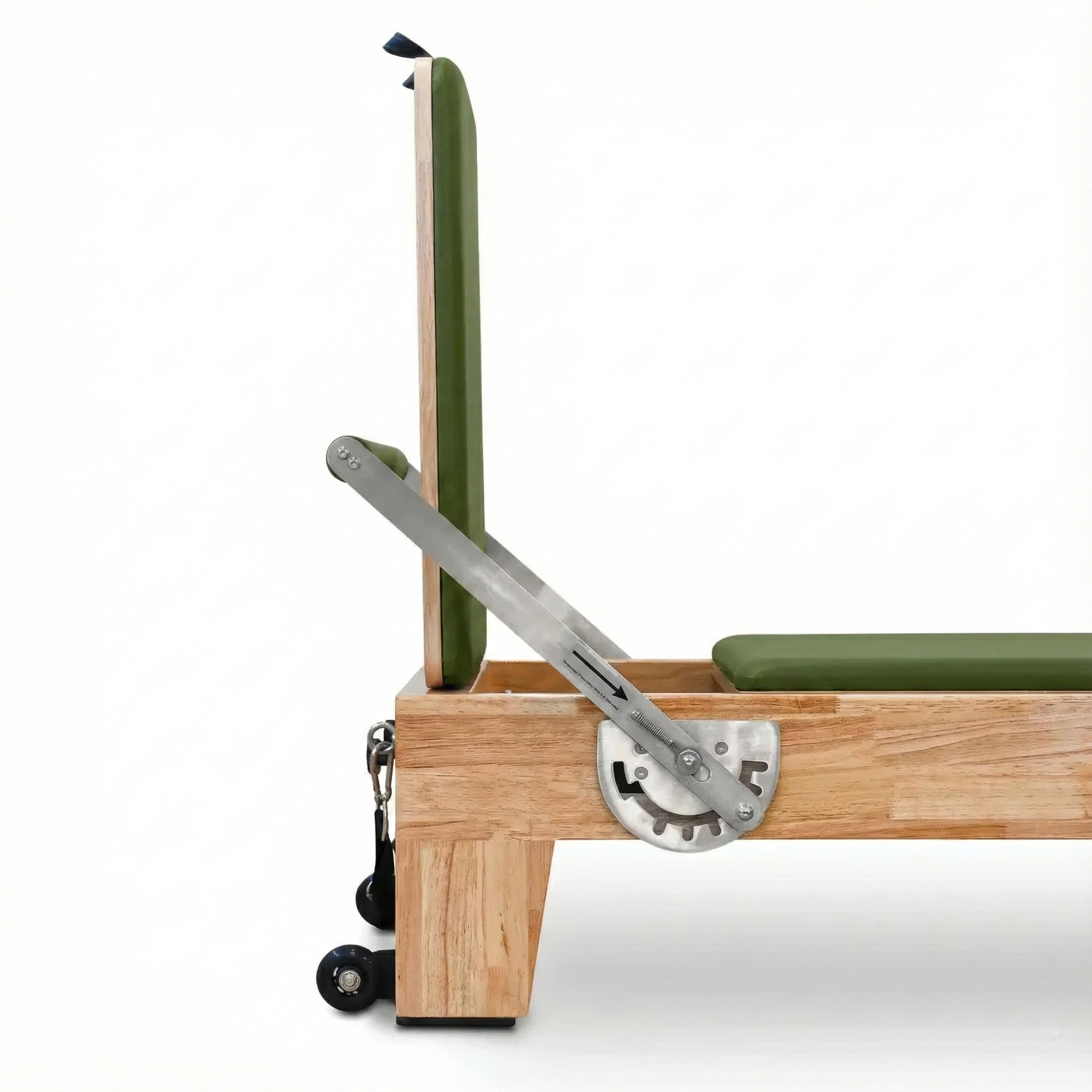 Adjustable foot bar on the Oak Timber Reformer, featuring a padded non-slip cover and multiple locking positions for versatile workouts.