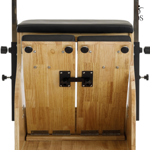 Close-up of the independent split pedals on the Oak Timber Chair, featuring a durable dowel connection for single or dual leg work.