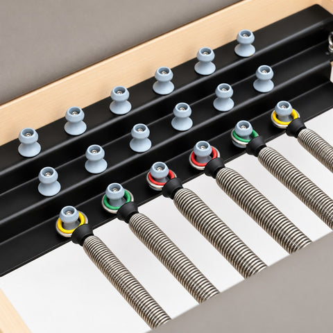 Color-coded German springs on the spring bar of the Oshun Timber Therapy Reformer