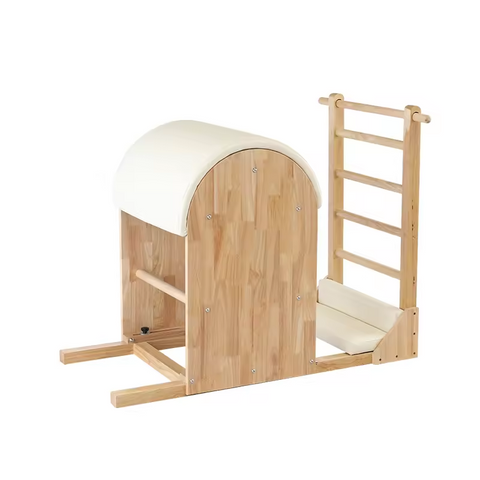 The Timber Ladder Barrel by Oshun Studios in solid Oak. A luxury Pilates barrel designed for spine extension and flexibility exercises.