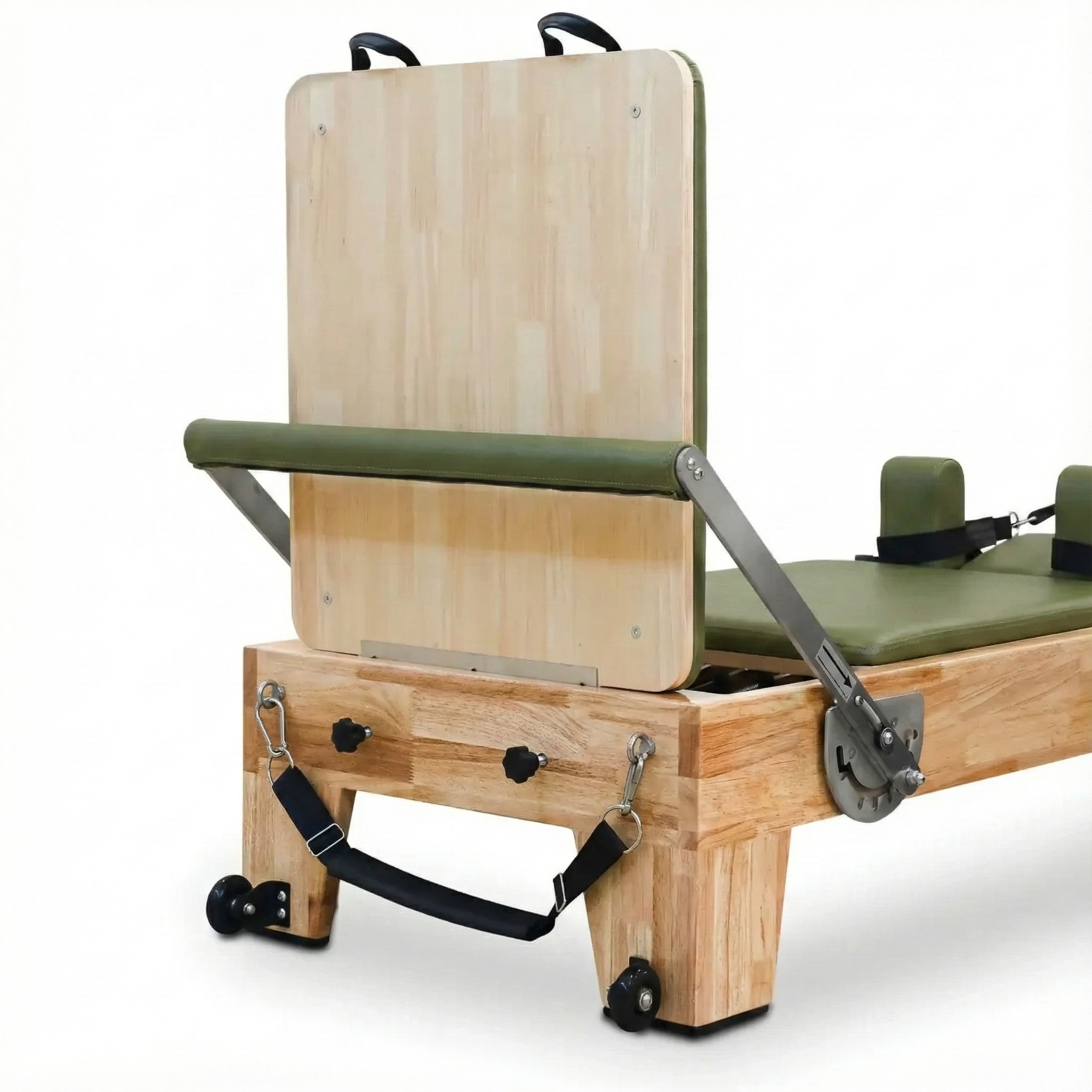 Rear view of the Oak Timber Reformer showing the handcrafted solid wood finish and riser system, designed for elegant studio aesthetics.