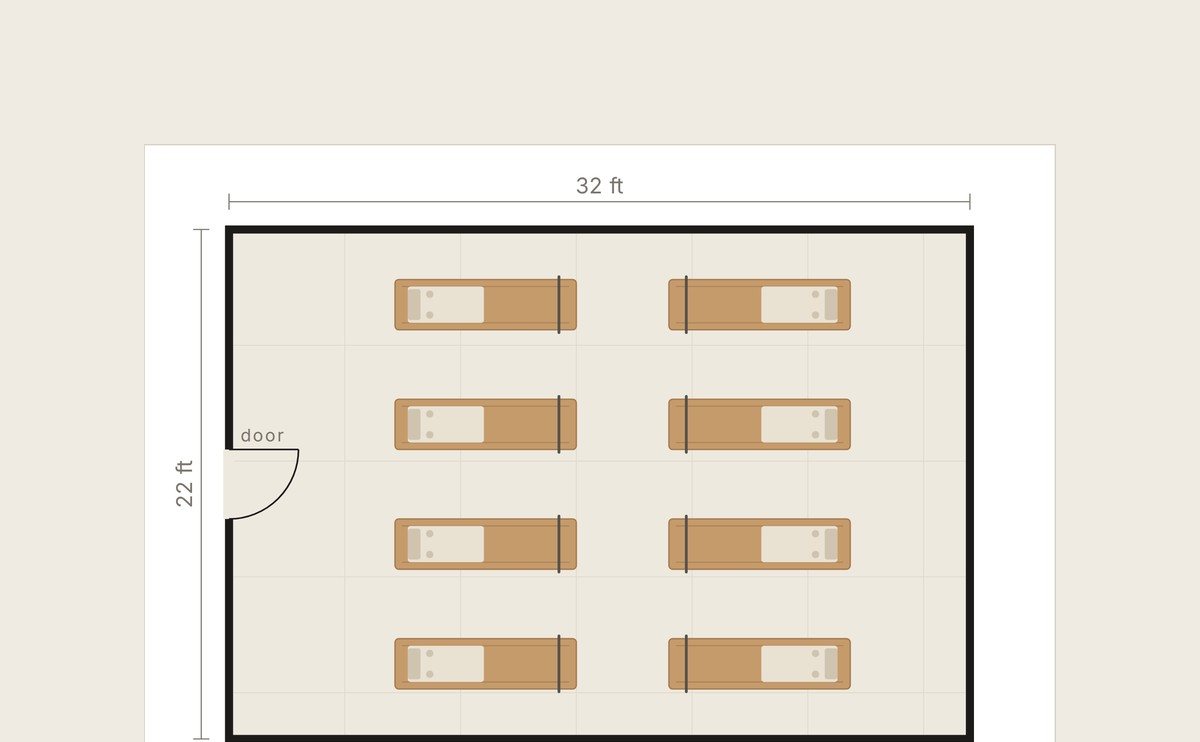 Oshun Studio Layout Planner floor plan with eight Timber Reformers in a 32 by 22 ft studio